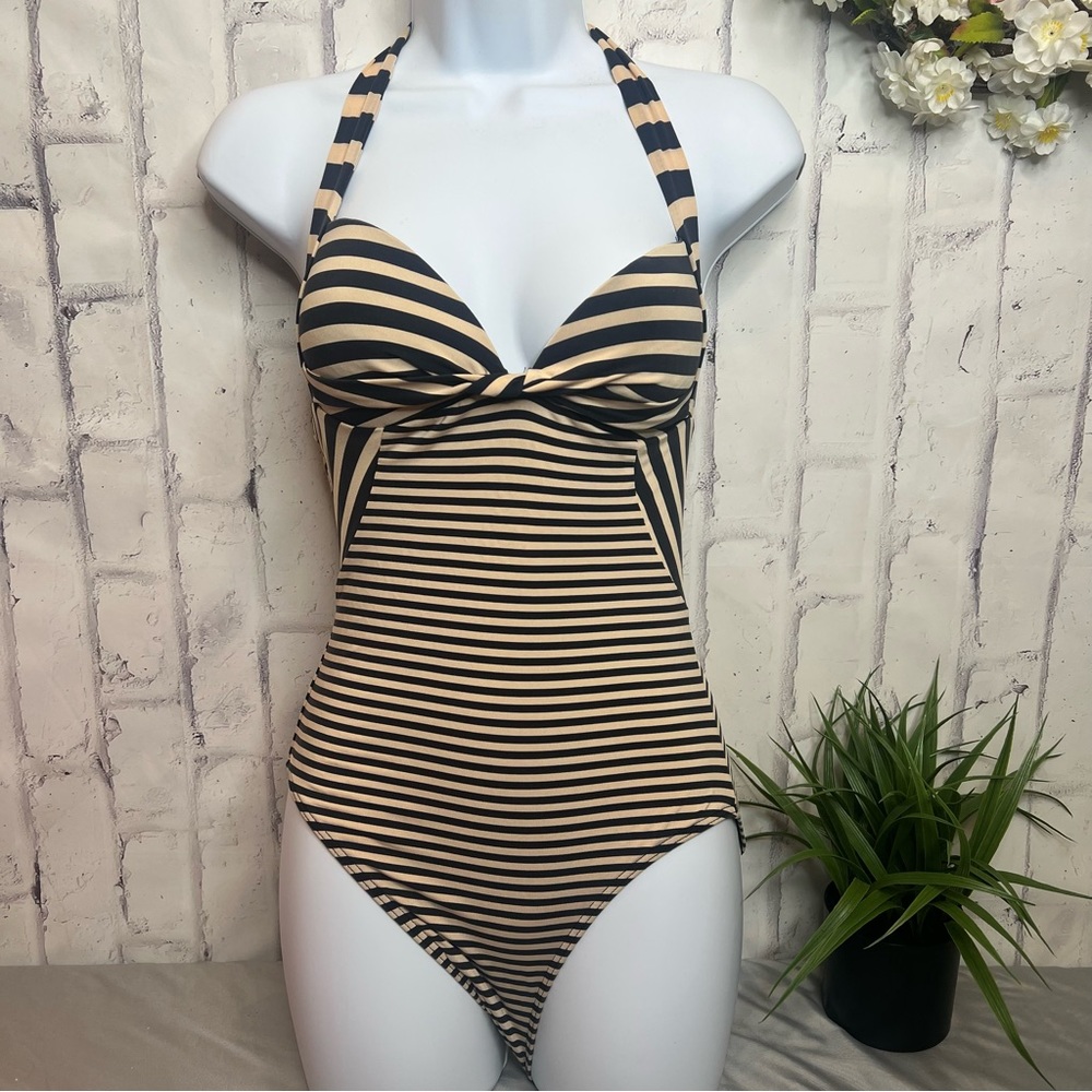 JETS BY JESSIKA ALLEN AUSTRALIA SWIMSUIT BLACK ECRU STRIPED MOULDED CUPS